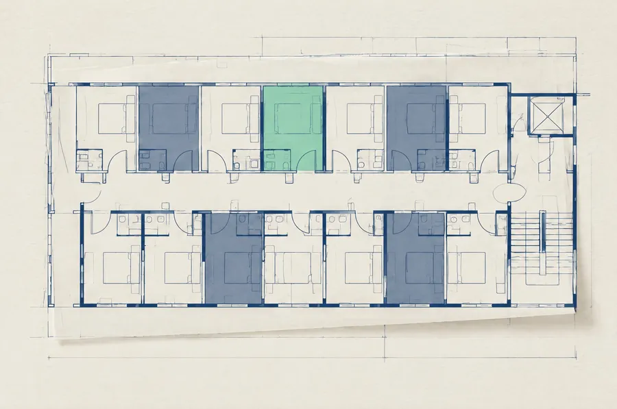 A hotel floor plan with occupied rooms shaded and one room in mint
