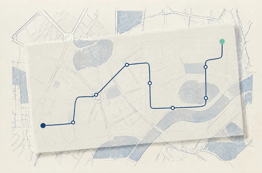 A city road network with a delivery route drawn on a translucent sheet
